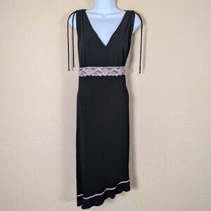 VTG Y2K 90s Janette Plus Black Babydoll Midi Dress Lace Roses Asymmetric Hem XL